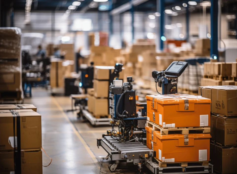 Mobile robots carrying loads through a warehouse